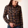 Roper Navy & Brown Plaid Long Sleeve Snap