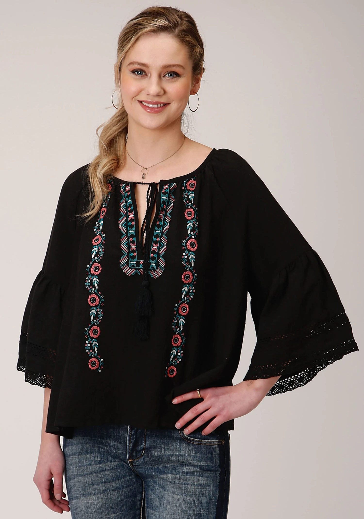 Roper Black Cotton Blend Long Sleeve Blouse 1 Roper Black Cotton Blend Long Sleeve Blouse