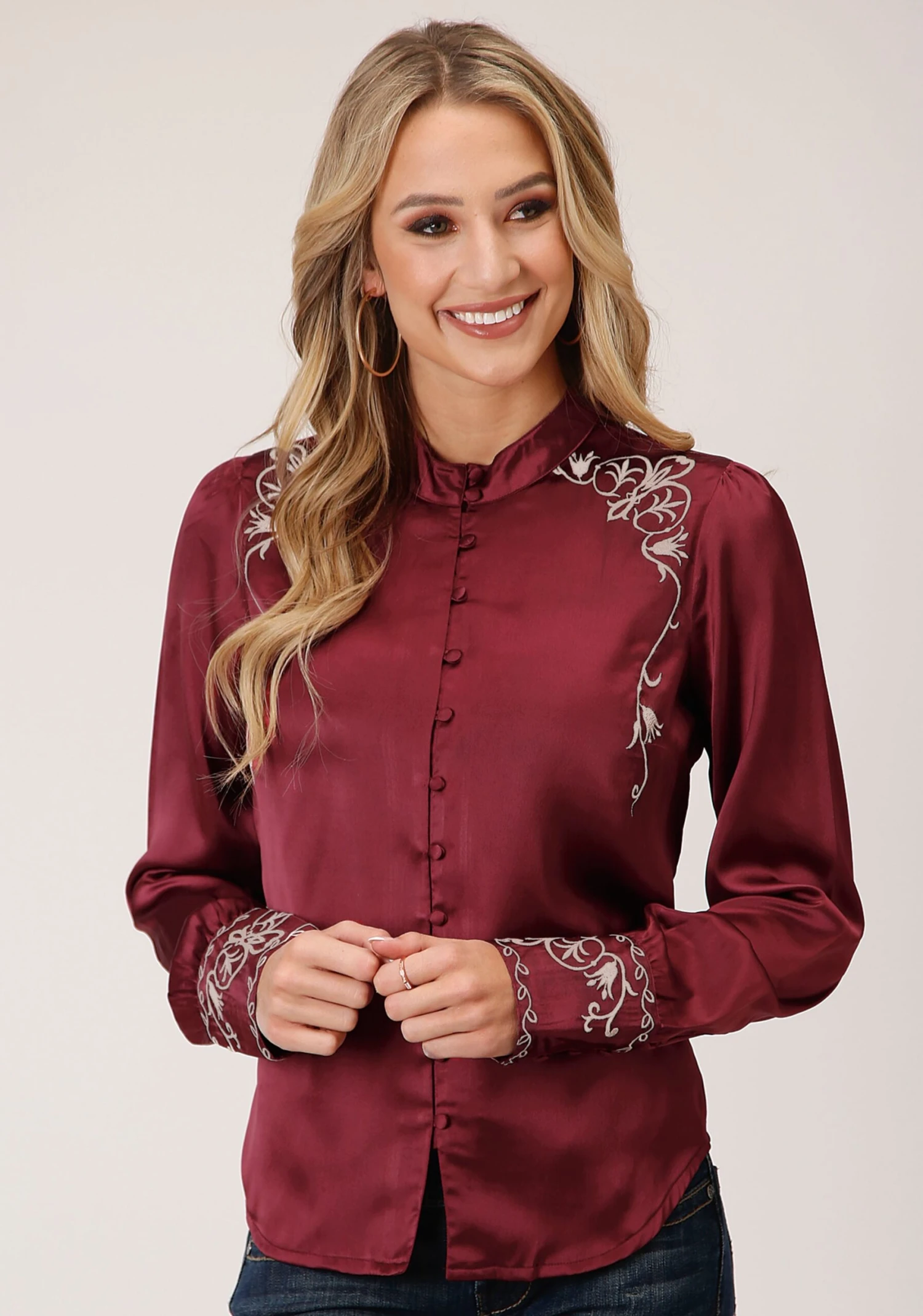 Roper Wine Poly Satin Long Sleeve Blouse 1 Roper Wine Poly Satin Long Sleeve Blouse