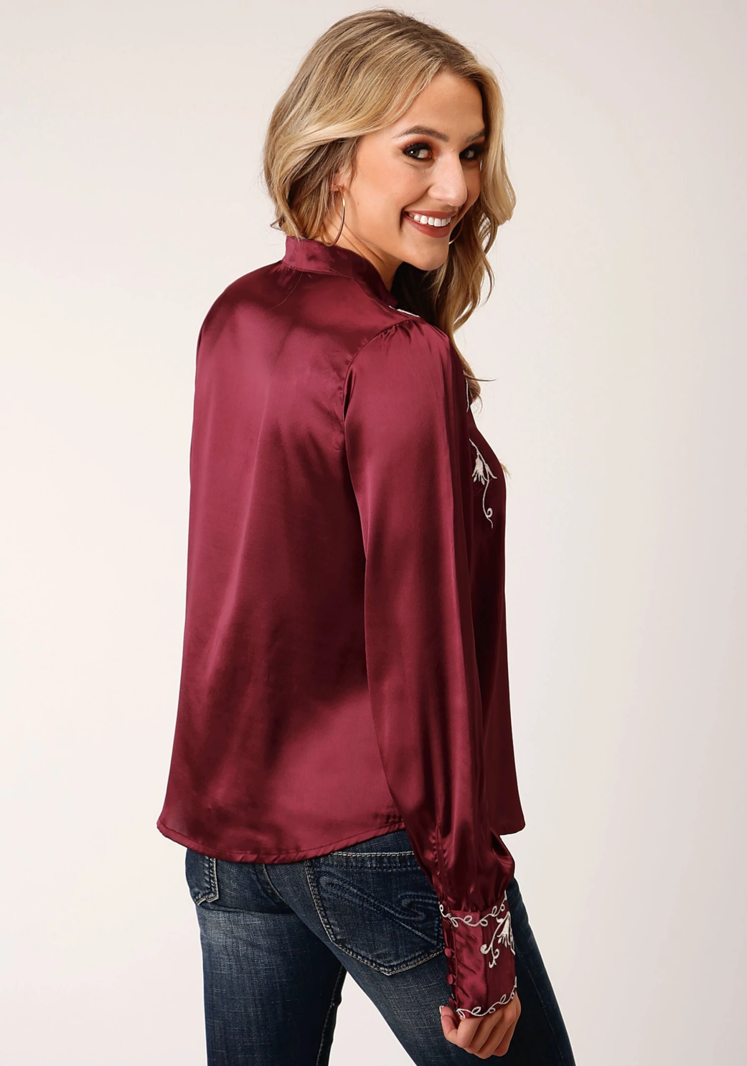 Roper Wine Poly Satin Long Sleeve Blouse 3 Roper Wine Poly Satin Long Sleeve Blouse - Image 3