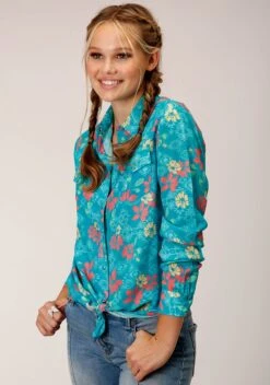 Roper Tropical Aztec Print Rayon Long Sleeve Blouse