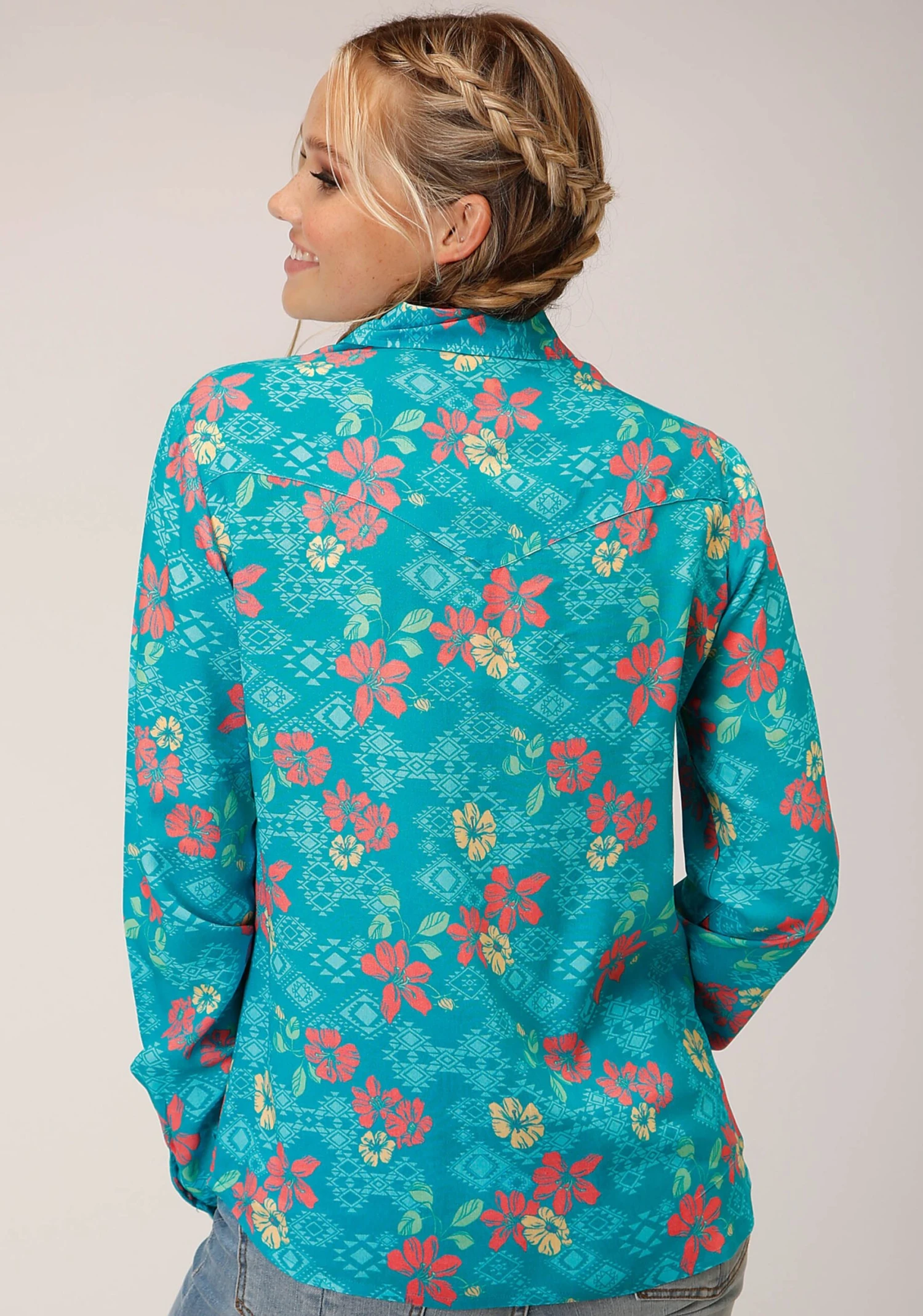 Roper Tropical Aztec Print Rayon Long Sleeve Blouse 3 Roper Tropical Aztec Print Rayon Long Sleeve Blouse - Image 3