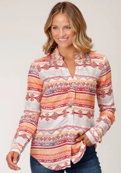 Roper Aztec Print Rayon Western Long Sleeve Shirt