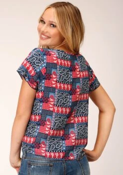 Roper Bandana Print Rayon Short Sleeve Blouse -Wearline Cloth Shop 0305105900452c