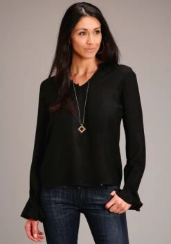 Stetson Black Herringbone Twill Long Sleeve Blouse