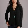 Stetson Black Poly Crepe V-Neck Long Sleeve Blouse