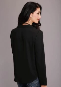 Stetson Black Poly Crepe V-Neck Long Sleeve Blouse -Wearline Cloth Shop 1105005927037c