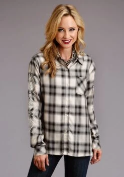 Wearline Cloth Shop 4 Stetson Ash Plaid Button Up Long Sleeve Blouse W/ Embroidery