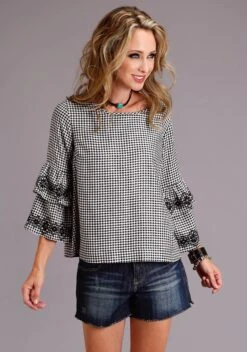 Stetson Black & White Gingham Blouse W/ Embroidery