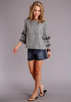 Stetson Black & White Gingham Blouse W/ Embroidery -Wearline Cloth Shop 1105105650546c